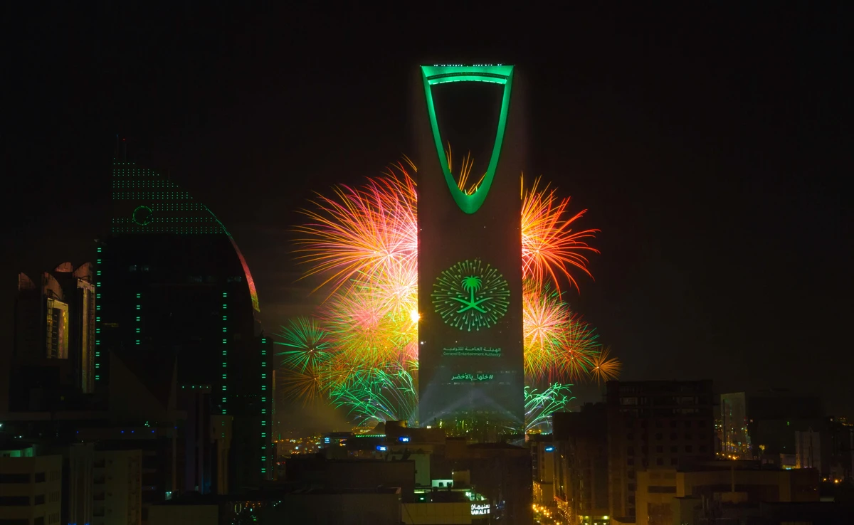 September 23, 2017 — The Kingdom Tower in Riyadh was lit up against the night skies with a display of fireworks and the largest HD projection on a tower in the world. (AN photo by Munavvar Munna)