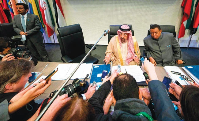 OPEC Conference President and Saudi Arabia’s Energy Minister Khaled Al-Falih (L) and OPEC Secretary General Mohammed Barkindo at the start of the 173rd meeting of OPEC ministers in Vienna yesterday. (AFP)