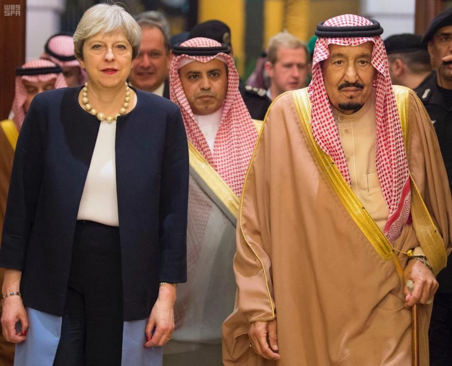 Above, British Prime Minister Theresa May, left, met with King Salman where they discussed regional security and stability. (SPA)