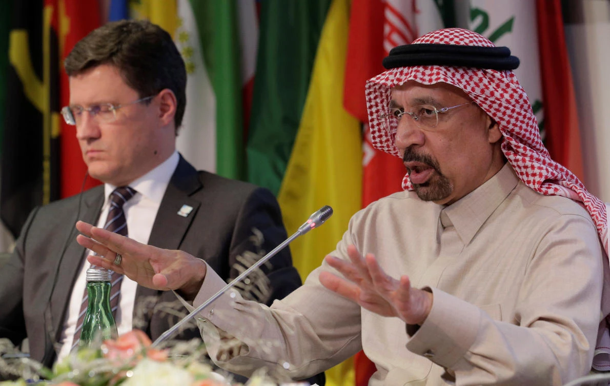 Saudi Arabia’s Oil Minister Khalid Al-Falih, right, and Russian Energy Minister Alexander Novak address a news conference after an OPEC meeting in Vienna on November 30. (Reuters)