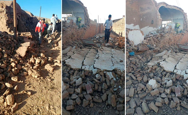 Debris caused by earthquake is seen in Ravar, Kerman province, Iran, in this combination image of pictures obtained by Reuters from social media on December 1, 2017. (HAMID SADEGHI/via REUTERS)