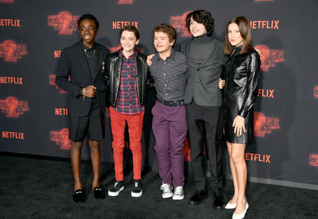 From left: the young stars of Stranger Things Caleb McLaughlin, Noah Schnapp, Gaten Matarazzo, Finn Wolfhard, and Millie Bobby Brown attend the season two premiere in October in Los Angeles. (AFP)