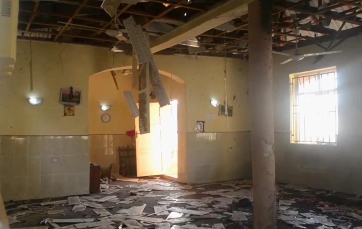 A TV grab shows the interior of a mosque after a deadly attack by a suicide bomber, in Mubi, Adamawa State, Nigeria on Tuesday. (AP)