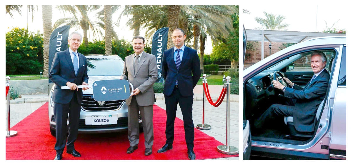 French Ambassador to Saudi Arabia, François Gouyette, receives the Renault Koleos at his residence from Majdy Hassan, senior general manager of GAA, and Odier Thomas, operations manager — Saudi Arabia, Renault Middle East.