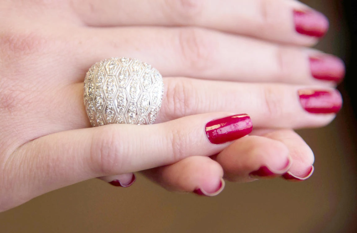 An 18K white dome ring, originally a gift from Richard Burton to Elizabeth Taylor, part of the world’s first live streaming runway auction in California. (AFP)