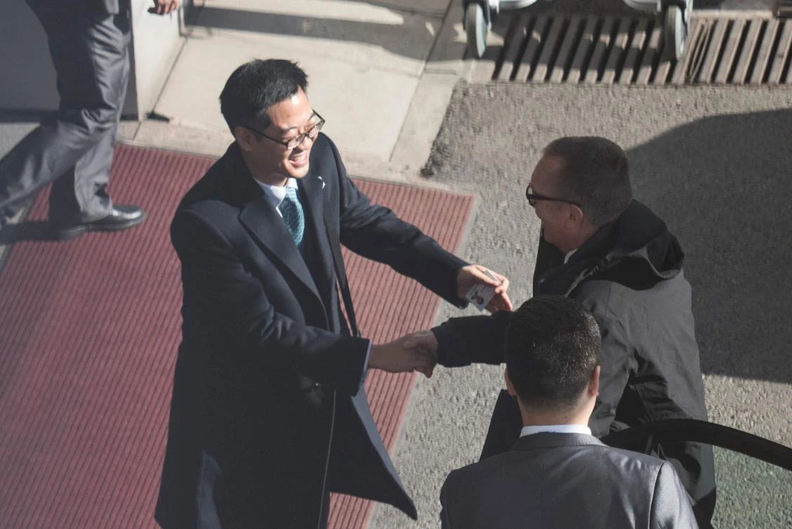 UN under secretary general for political affairs Jeffrey Feltman (R) arrives to take a flight for North Korea at the International Airport of Beijing on December 5, 2017. (AFP)