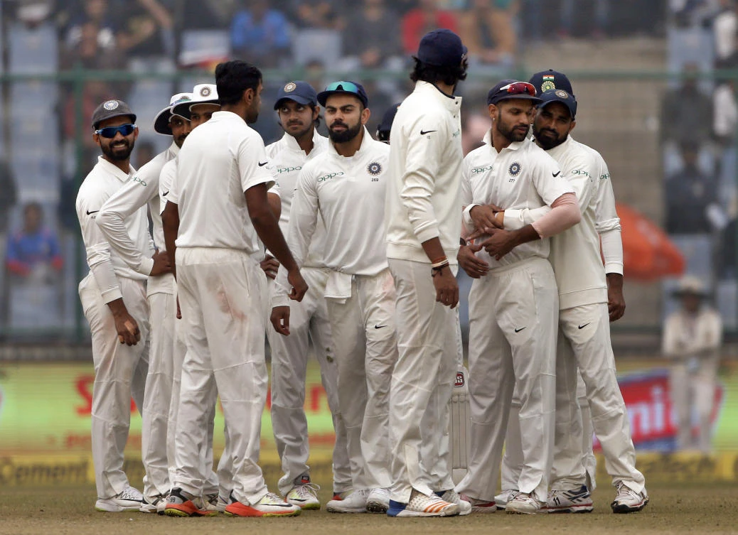 Indian players celebrate the dismissal of Sri Lanka’s Angelo Mathews during the third day of their third test cricket match in New Delhi, India, Monday, Dec. 4, 2017. (AP)
