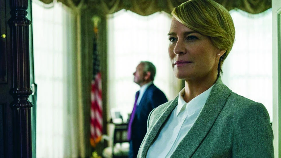 Britain’s Cineworld Group is buying larger US peer Regal Entertainment Group as movie theater operators battle competition from digital outlets such as Netflix. Above; Robin Wright as Claire Underwood in the Netflix drama House of Cards. (Reuters)