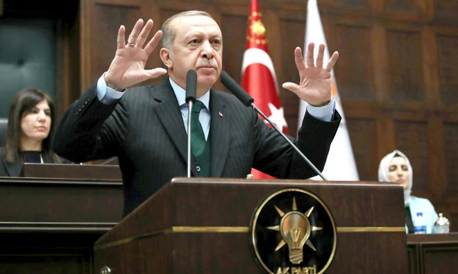 Turkey’s President Tayyip Erdogan speaks at the Parliament in Ankara on Tuesday. (Reuters)