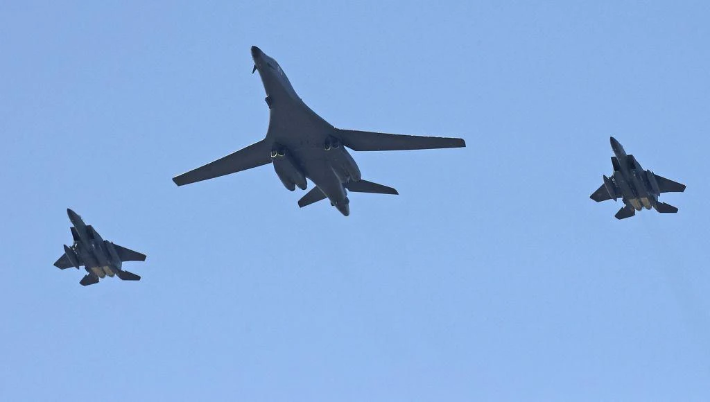 Flyovers of B-1Bs have become an increasingly familiar show of force to North Korea, such as this one previously in October along with two South Korean F-15K fighter jets. (AP)