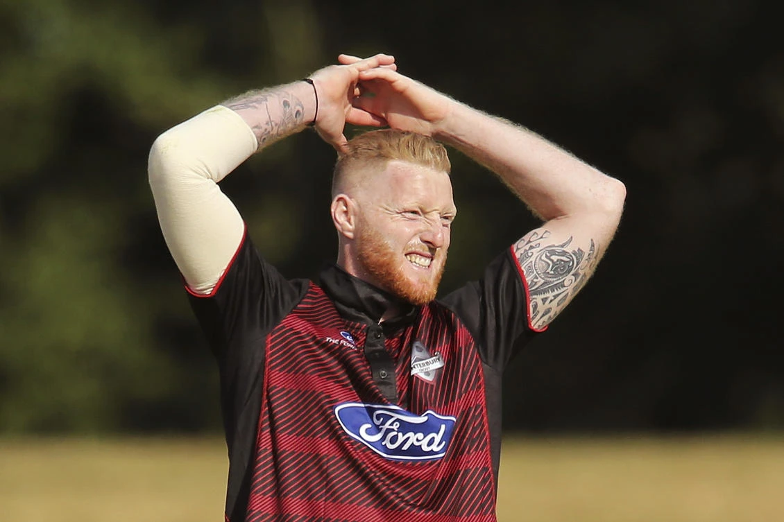 New Zealand-born England cricket player Ben Stokes reacts after bowling for provincial cricket team Canterbury in Rangiora, New Zealand, Sunday, Dec. 3, 2017. (AP Photo/Martin Hunter)
