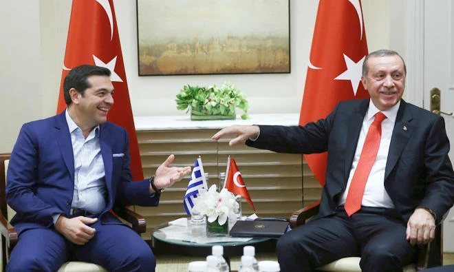 Turkish President Recep Tayyip Erdogan, right, and Greek Prime Minister Alexis Tsipras at a bilateral meeting during the UN General Assembly in New York City in this file photo. (AP)