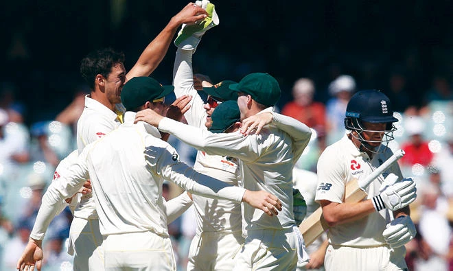The Australia team celebrate the wicket of Jonny Bairstow at the Adelaide Oval yesterday (AP)