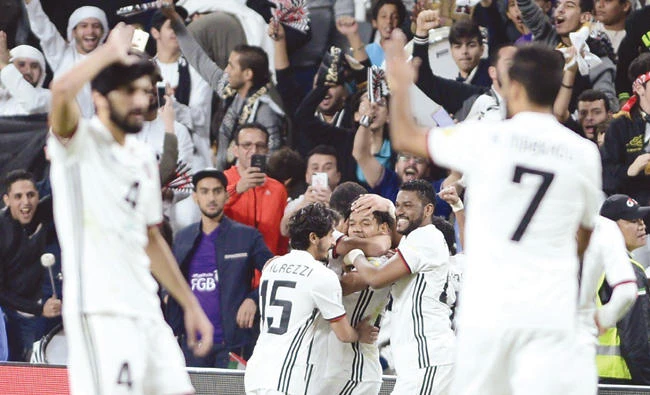 Al-Jazira celebrate their winning goal against Auckland City earlier this week. (Al-Jazira)