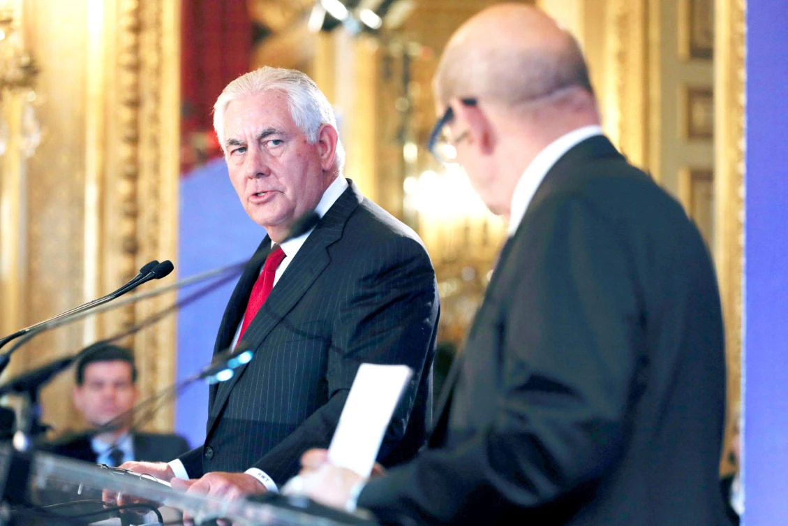 US Secreatry of States Rex Tillerson speaks with French Foreign Affairs Minister Jean-Yves Le Drian in Paris on Friday. (Reuters)