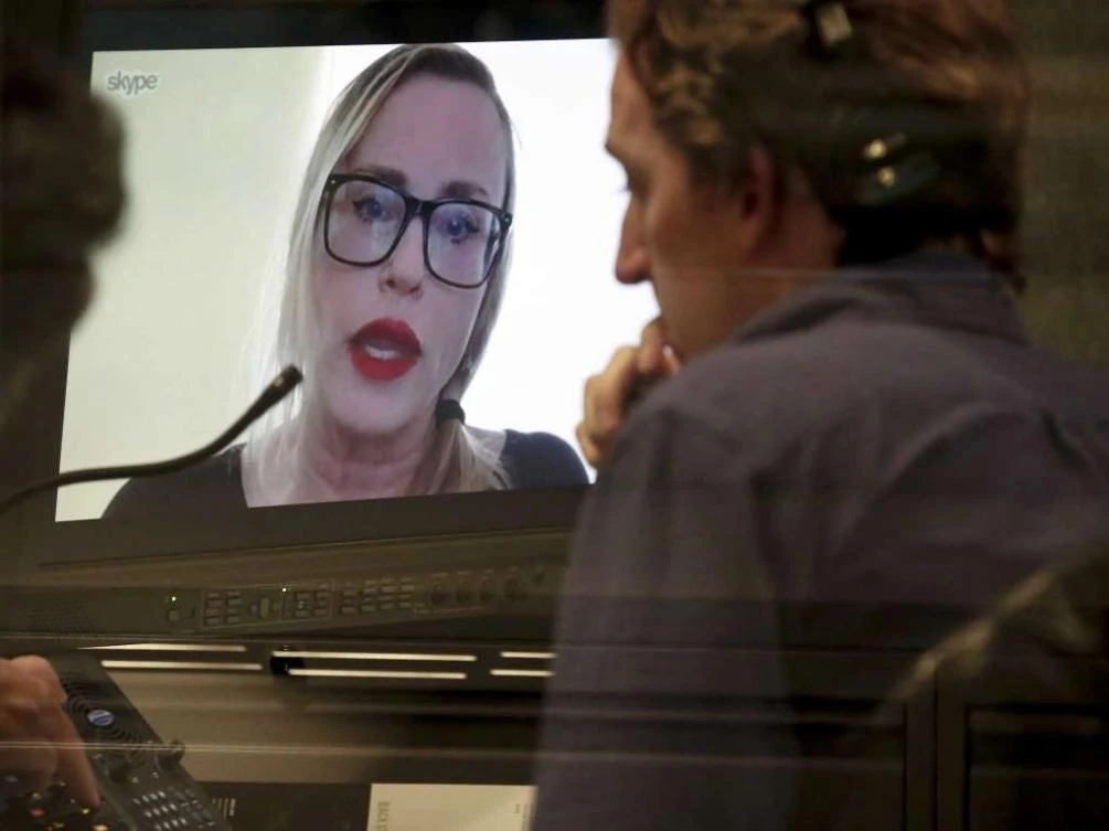 Maxine Page, a former senior editor at RadarOnline, speaks to AP via a Skype on December 5. Page is among 12 former employees who accused Dylan Howard of sexual misconduct while he was running American Media Inc.’s Los Angeles office. (AP)