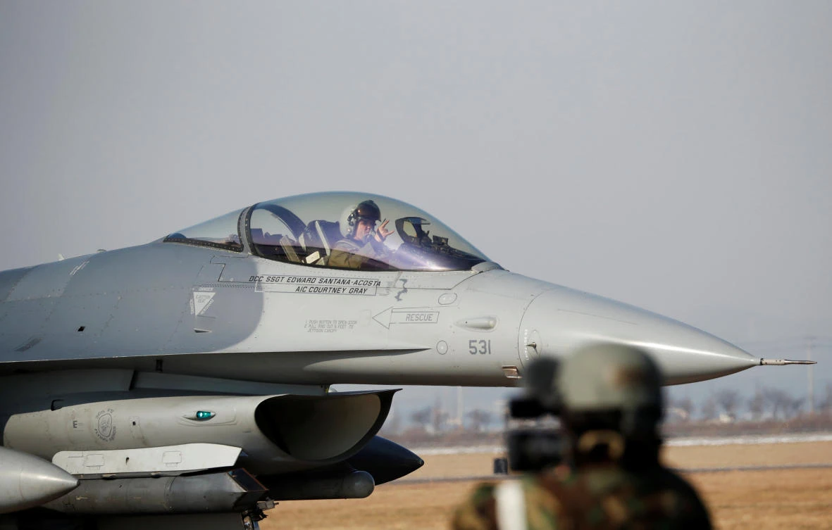 A US Air Force F-16 fighter jet takes part in a joint aerial drill exercise called ‘Vigilant Ace’ between the US and South Korea earlier this week at the Osan Air Base in Pyeongtaek. (Reuters)