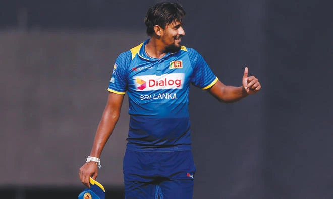 Sri Lanka's Suranga Lakmal gives the thumbs up yesterday (AP)