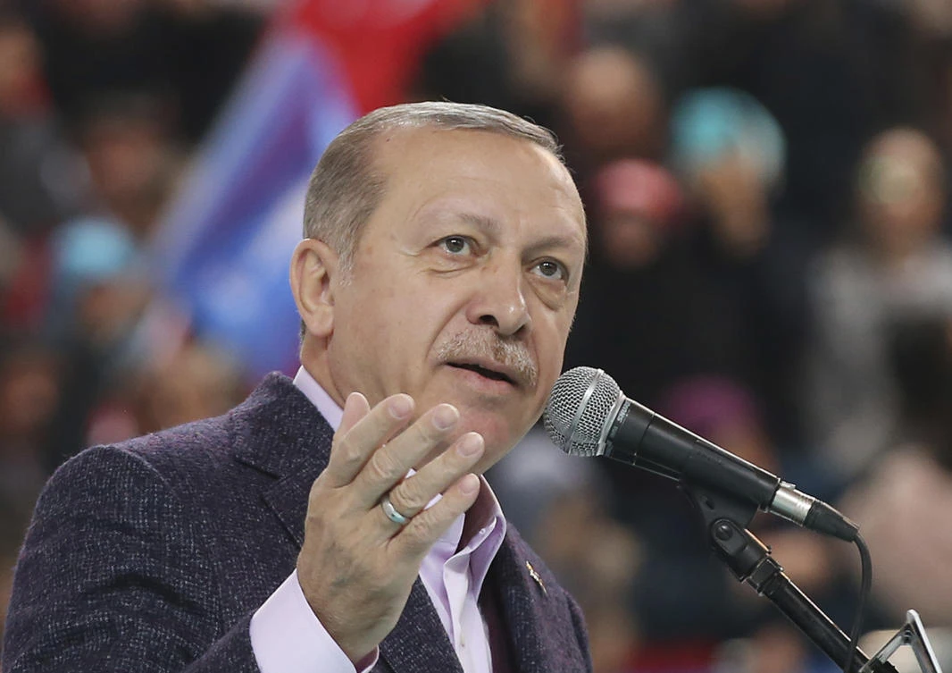 President Recep Tayyip Erdogan delivers a speech on Sunday at his ruling political party's conference in Sivas, central Turkey. (AP)