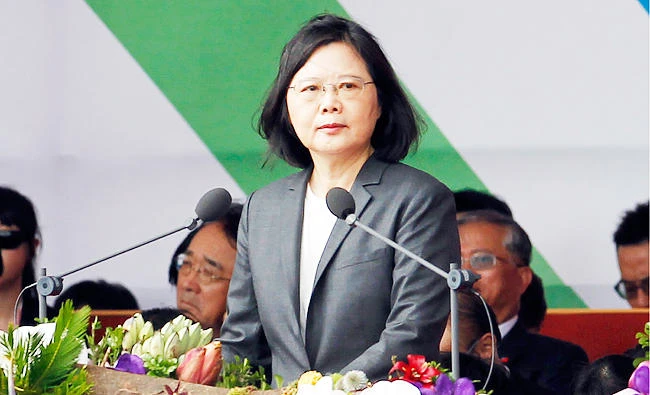 In this Oct. 10, 2017 photo, Taiwan's President Tsai Ing-wen delivers a speech during the National Day celebrations in front of the Presidential Building in Taipei. (AP)