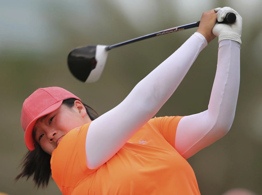 Angel Yin of the United States tees off on the 3rd hole during the final round of Dubai Ladies Classic golf tournament in Dubai, United Arab Emirates, Saturday, Dec. 9, 2017. (AP)