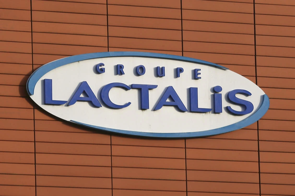 The logo of the Lactalis headquarters is pictured in Laval, western France. (AP Photo/David Vincent)