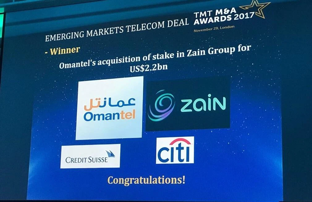 The award was presented to Omantel for their 22 percent acquisition of a stake in Zain Group for a total value of $2.2 billion.