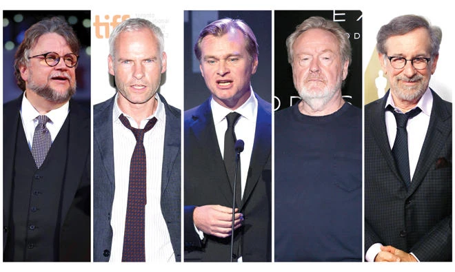 Nominees for the 75th Golden Globe Awards, Best Director, Motion Picture category, from left, Guillermo del Toro, Martin McDonagh, Christopher Nolan, Ridley Scott and Steven Spielberg. (Reuters)