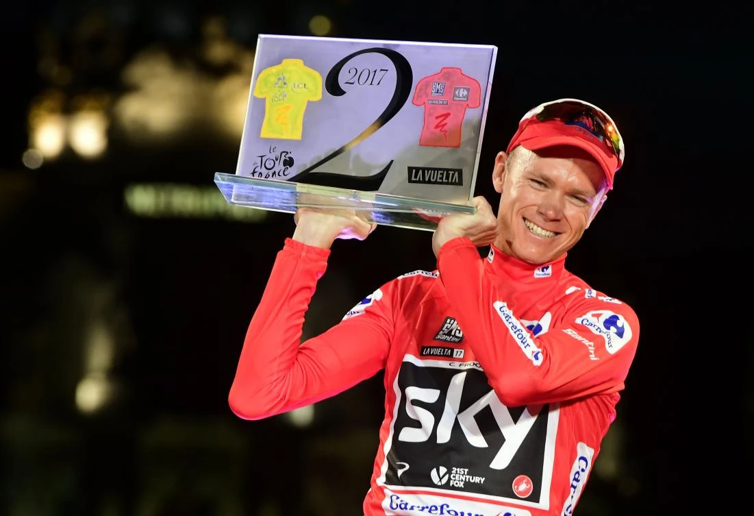 Above, British cyclist Chris Froome celebrates on the podium after winning the 72nd edition of Spain’s Vuelta e Espana race in September. (AFP)