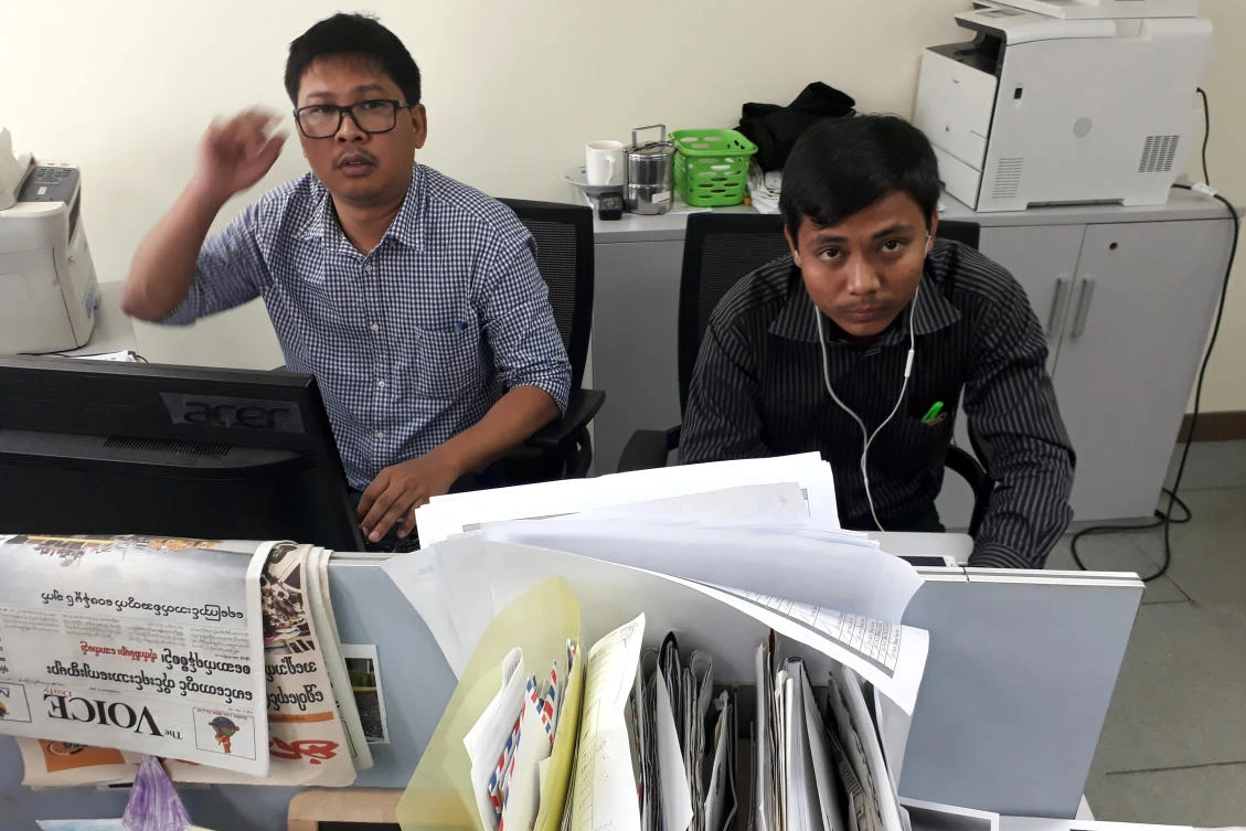 Reuters journalists Wa Lone, left, and Kyaw Soe Oo, were supposedly arrested by government agents after collecting “information and important secret papers related to the security forces.” (Reuters)