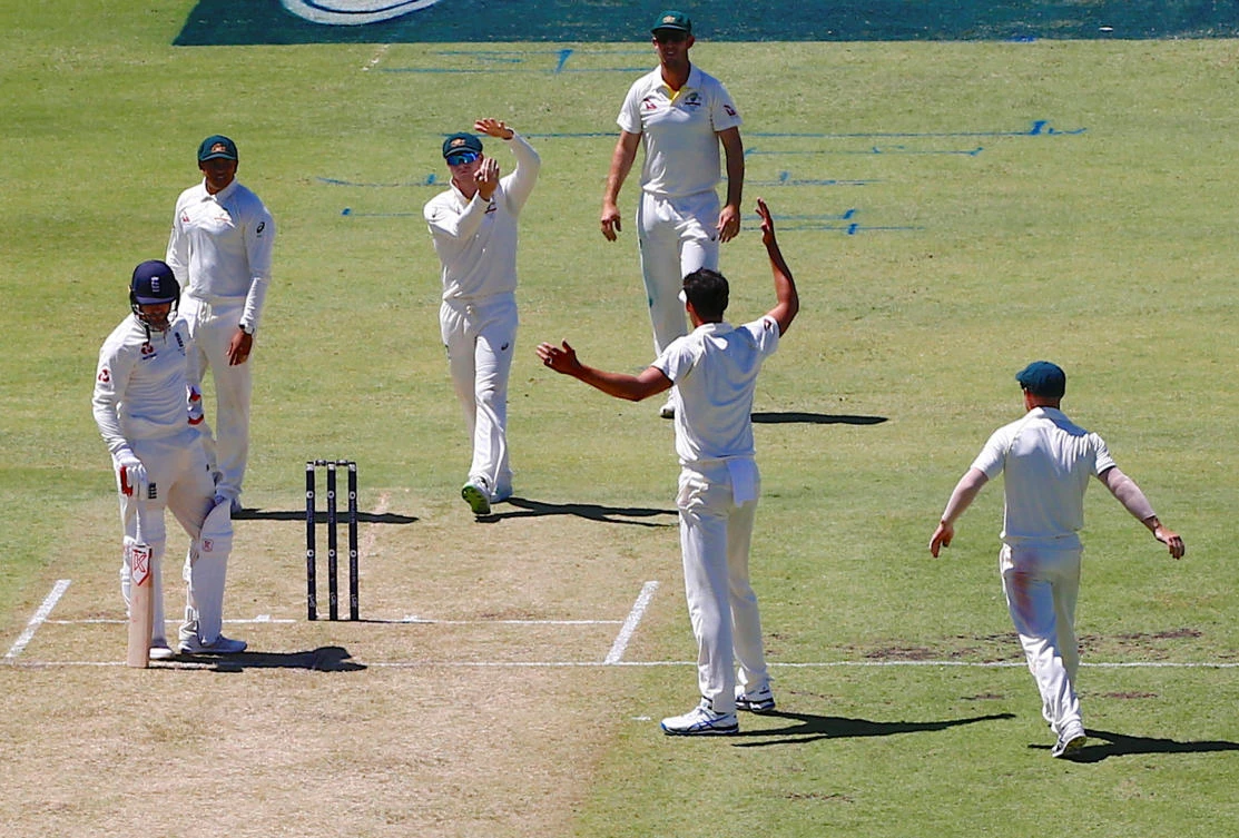 Australia’s captain Steve Smith calls for a review for England’s Mark Stoneman after Australia’s Mitchell Starc had him caught out during the first day of the third Ashes cricket test match. (Reuters/David Gray)