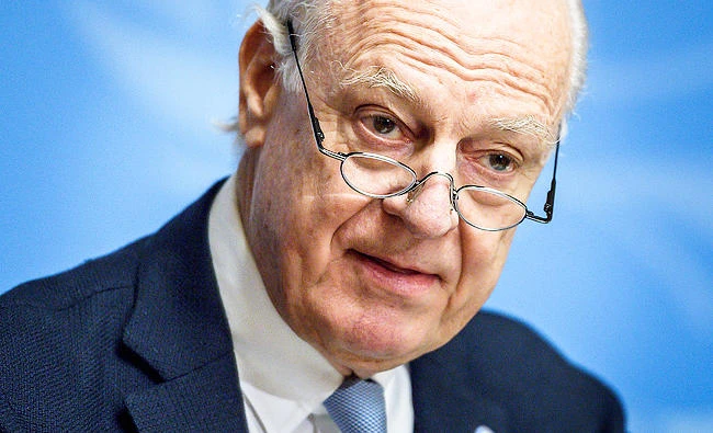 Staffan de Mistura, the UN special envoy for Syria, arrives to give a press conference closing a round of Syria peace talks in Geneva on Thursday. (AFP)