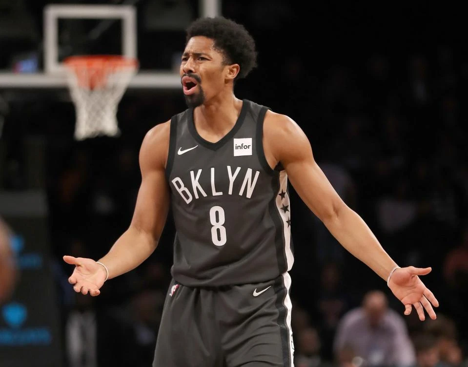 Spencer Dinwiddie #8 of the Brooklyn Nets reacts after a call was not made against the New York Knicks at the Barclays Center on Dec. 14, 2017 in the Brooklyn borough of New York City. (Elsa/Getty Images/AFP)