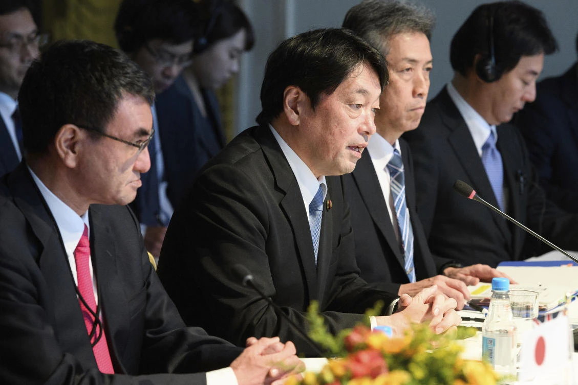 Japanese Defense Minister Itsunori Onodera, center, and Japanese Foreign Minister Taro Kono, left, hold talks on security and defense co-operation with Foreign Secretary Boris Jonhson and Defense Secretary Gavin Williamson, not pictured, in Greenwich, London, Thursday, Dec. 14, 2017. (AP)