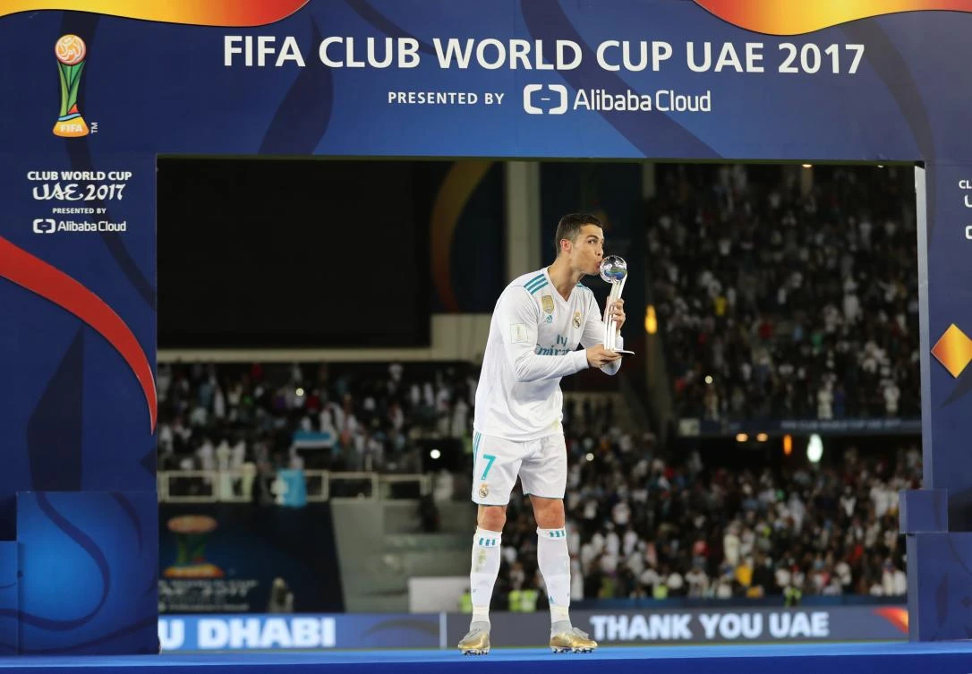 Cristiano Ronaldo kisses the 2017 FIFA Club World Cup Silver Ball after Real Madrid's victory in the the FIFA Club World Cup final in Abu Dhabi. (AFP)