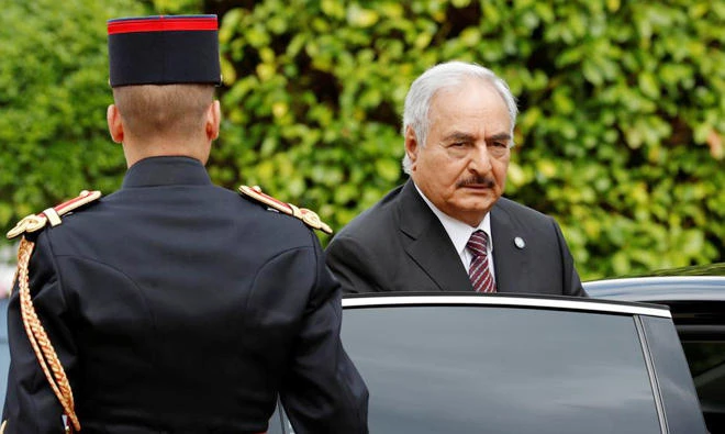 Eastern Libyan military commander Khalifa Haftar arrives at a meeting in La Celle-Saint-Cloud, France. (File photo/Reuters)