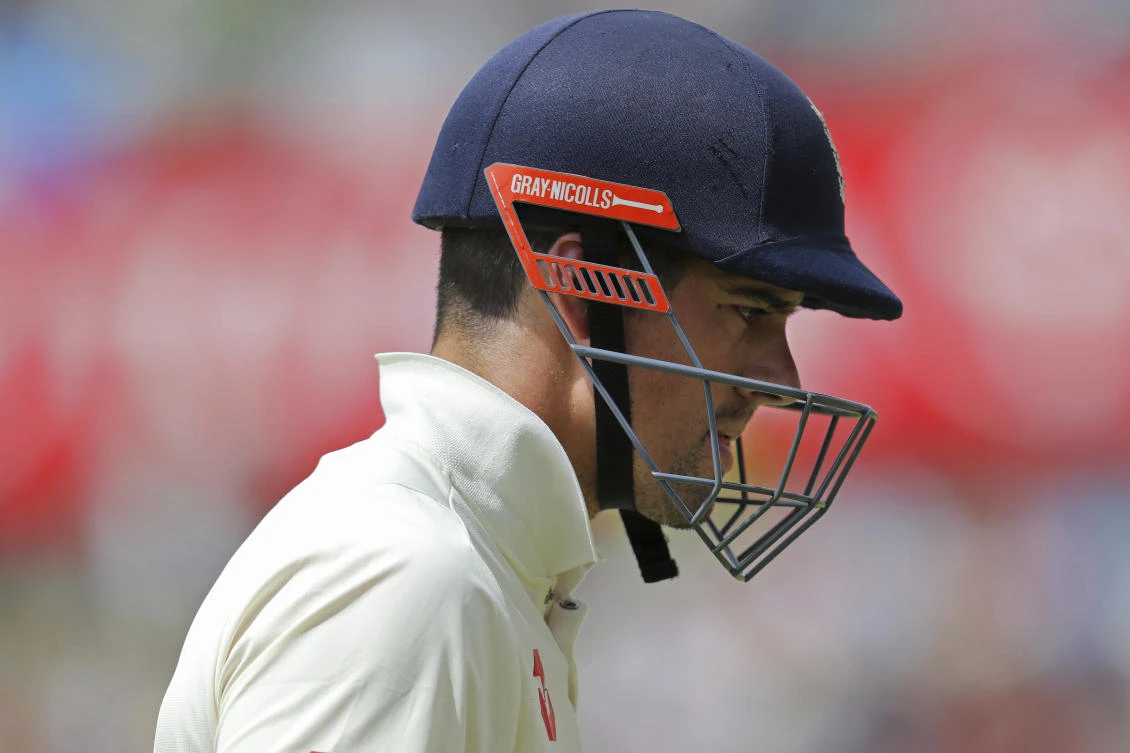 England's Alastair Cook leaves the ground after being dismissed for another low score. (AP)