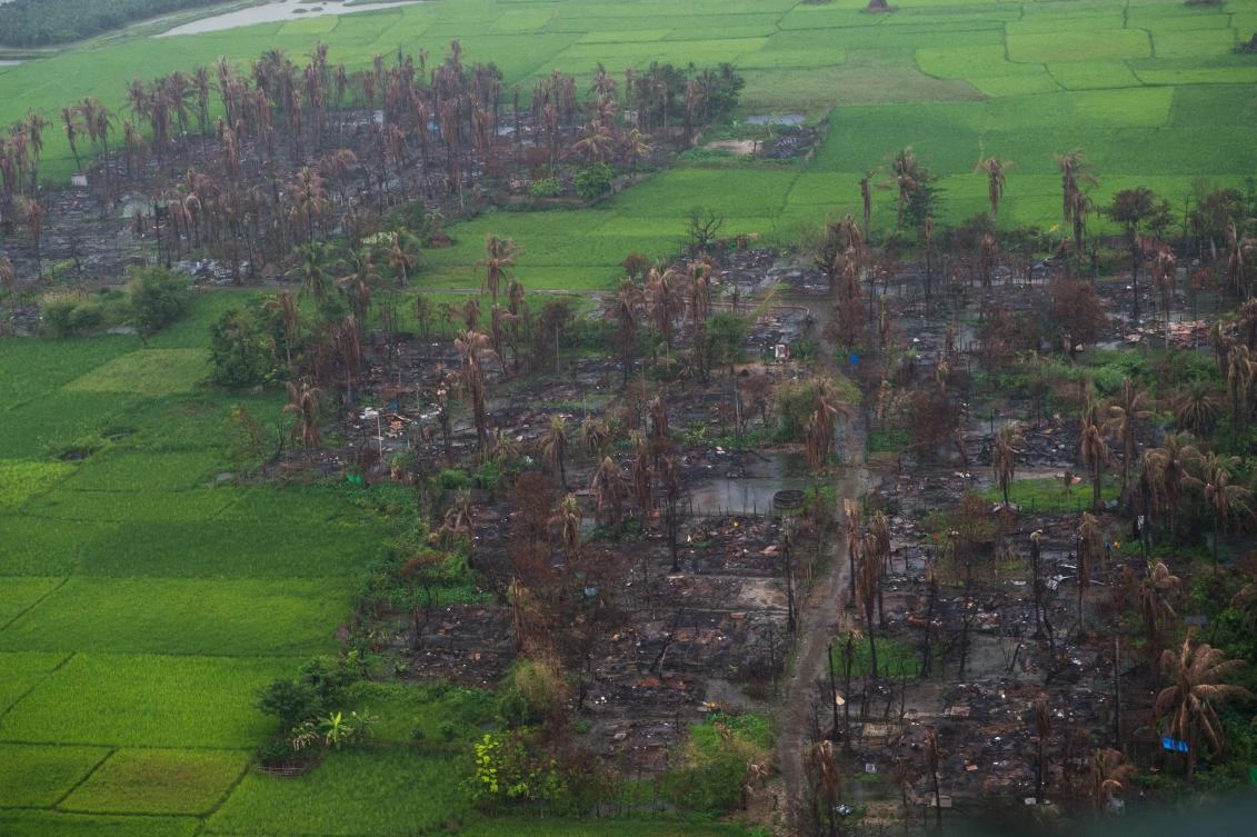 This file photo taken on September 27, 2017 shows and aerial view of burnt villages near Maungdaw in Myanmar’s northern Rakhine state. (AFP)