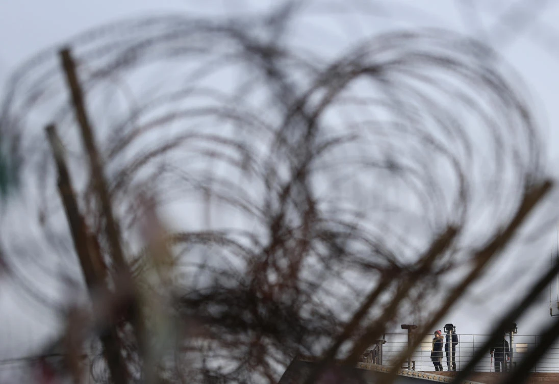 Above, visitors take a tour of the heavily fortified Imjingak Pavilion in Paju, South Korea. (AP)