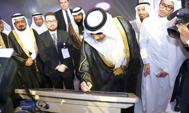 From left, Abdullah Al-Shehri, governor of ECRA; Abdulrahman M. Al-Obayed, senior vice president human resources, SEC; Zak Allen, Bismarck State College; Stephen Schlieman, economic officer at the US consulate in Jeddah; Fahad Al-Tuwaijri, CEO, Colleges of Excellence; Ahmed S. Al-Essa, NPA executive director; and Saleh Al-Awaji, deputy minister of electricity.