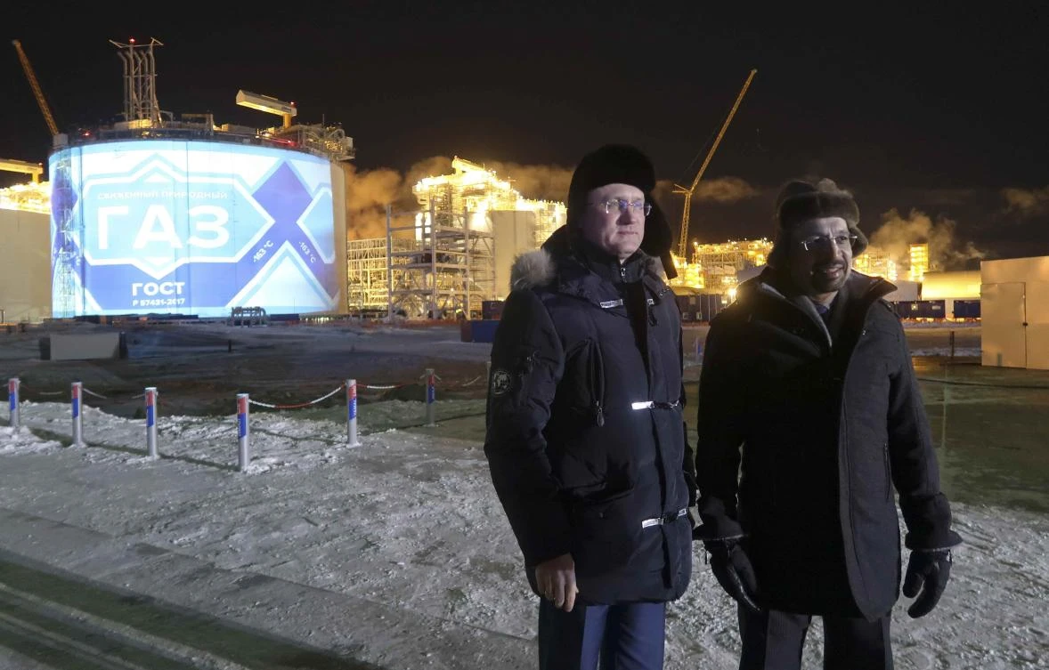 Russian Energy Minister Alexander Novak and his Saudi counterpart Khalid Al-Falih pictured at a gas plant in the Arctic port of Sabetta. Russia has committed to exiting production cuts “smoothly” to avoid market upsets. (Reuters)