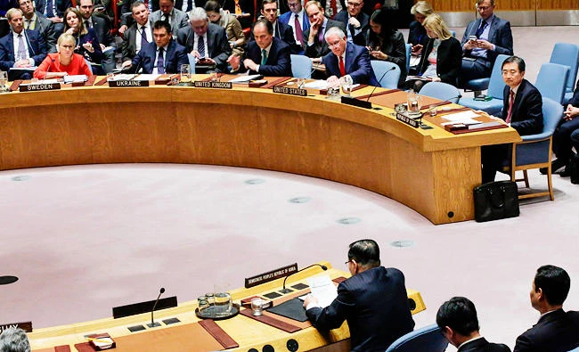 North Korea's ambassador to the UN Ja Song-nam (R-bottom) speaks during the UN Security Council Ministerial Briefing on Non-Proliferation and the DPRK, at the United Nations, in this December 15, 2017 photo, in New York. (AFP)
