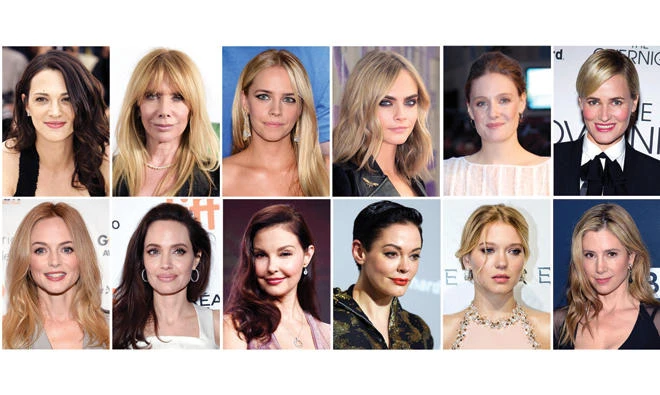 Actresses who have made allegations against producer Harvey Weinstein, top row from left, Asia Argento, Rosanna Arquette, Jessica Barth, Cara Delevingne, Romola Garai, and Judith Godreche; bottom row from left, Heather Graham, Angelina Jolie, Ashley Judd, Rose McGowan, Lea Seydoux and Mira Sorvino. (AP)