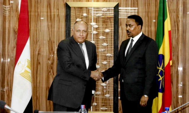 Egyptian Foreign Minister Sameh Shoukry, shakes hands with his counterpart Workneh Gebeyehu, in Addis Ababa, Ethiopia, on Tuesday. (AP)