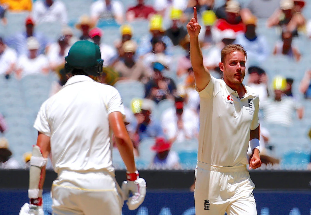 England's Stuart Broad celebrates dismissing Australia's Pat Cummins during the second day of the fourth Ashes cricket test match. REUTERS/David Gray