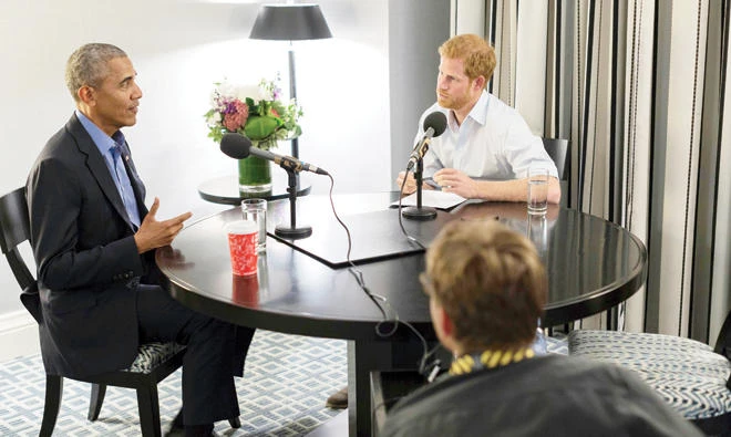 Britain's Prince Harry, right, interviews ex-US President Barack Obama as part of his guest editorship of BBC Radio 4's set to be be broadcast on Wednesday. (AP)