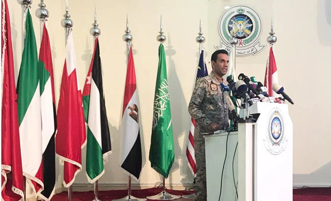 The spokesman for the Saudi-led coalition, Col. Turki Al-Maliki, addresses a press conference at the King Salman Air Force Base in Riyadh on Wednesday. (AN photo)