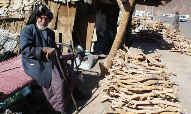 A firewood seller waiting for customers at a local firewood and coal market in Madinah.