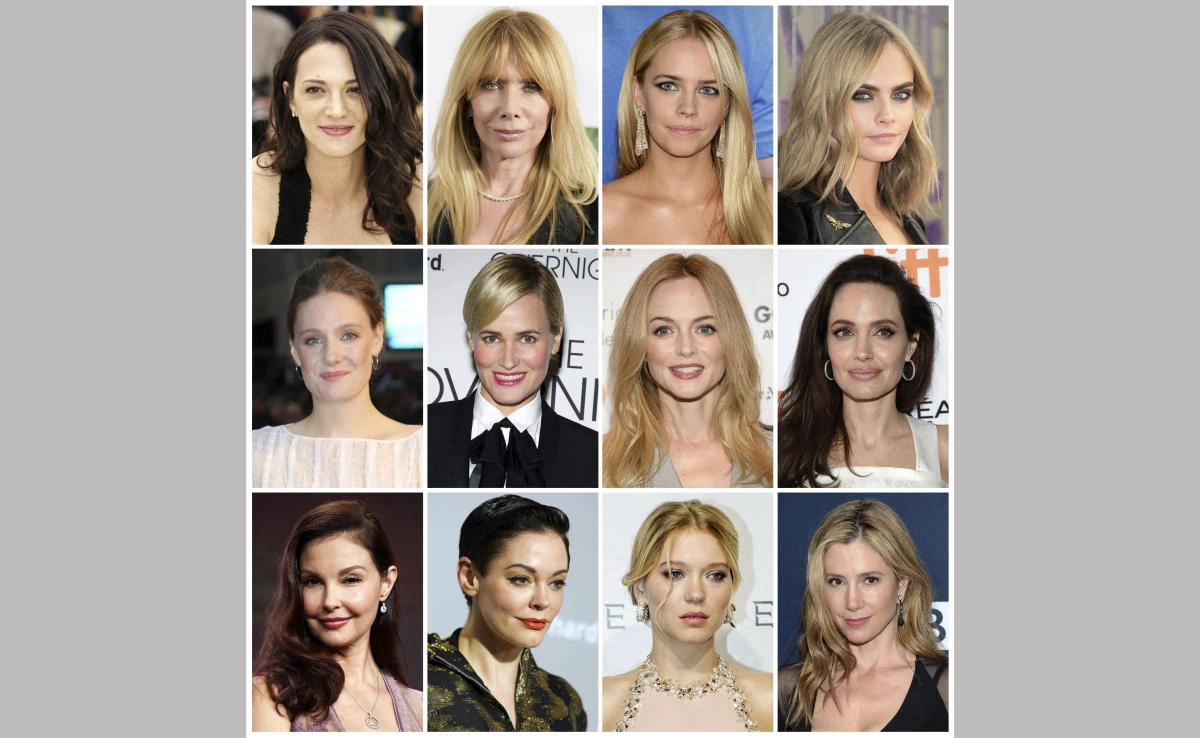 This combination photo shows actresses listed in alphabetical order, top row from left, Asia Argento, Rosanna Arquette, Jessica Barth, Cara Delevingne, Romola Garai, Judith Godreche, Heather Graham, Angelina Jolie, Ashley Judd, Rose McGowan, Lea Seydoux and Mira Sorvino, who have made allegations against producer Harvey Weinstein. (AP)