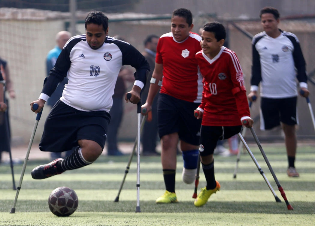 Members of “Miracle Team,” made up of one-legged, crutch-bearing soccer players, attend a training session at El Salam club on the outskirts of Cairo, Egypt Dec. 29, 2017. (Reuters/Amr Abdallah Dalsh)